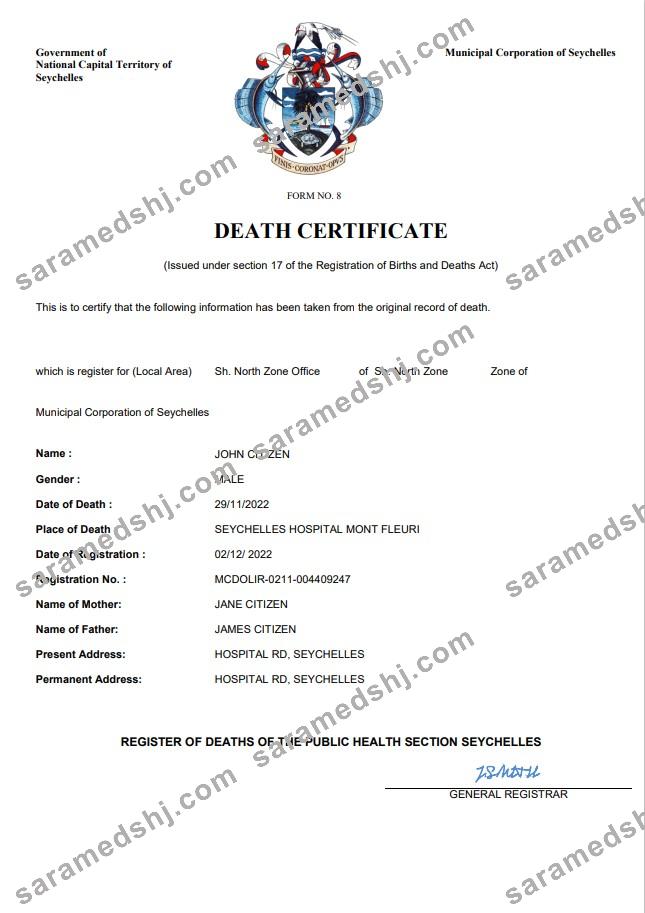 Seychelles vital record death certificate Word and PDF template